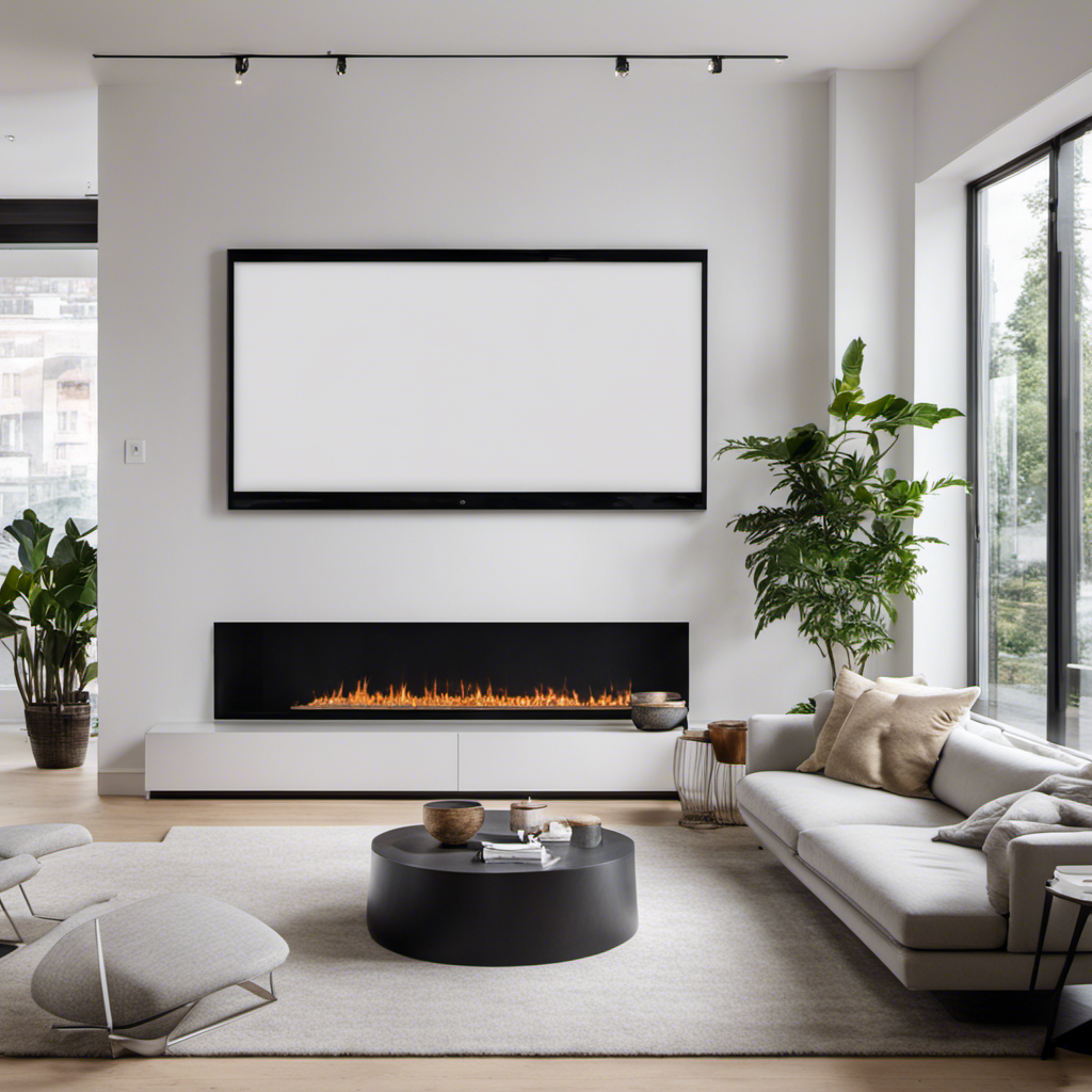 An image showcasing a sleek, minimalist living room with a vibrant, frameless whiteboard seamlessly integrated on a clean, white wall