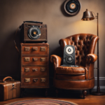 An image capturing a cozy living room scene with a worn-out leather armchair adorned with a handmade crocheted blanket, a weathered wooden side table displaying vintage vinyl records, and a retro rotary telephone sitting atop a vintage suitcase