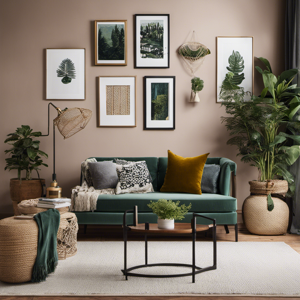 An image showcasing a beautifully styled living room with a gallery wall featuring eclectic artwork, a cozy DIY macrame wall hanging, and a chic vintage armchair, providing inspiration for decor and DIY ideas