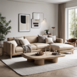 An image showcasing a minimalist living room in light neutral tones, featuring clean lines, natural materials like light wood and leather, with cozy textiles such as sheepskin throws and knitted pillows