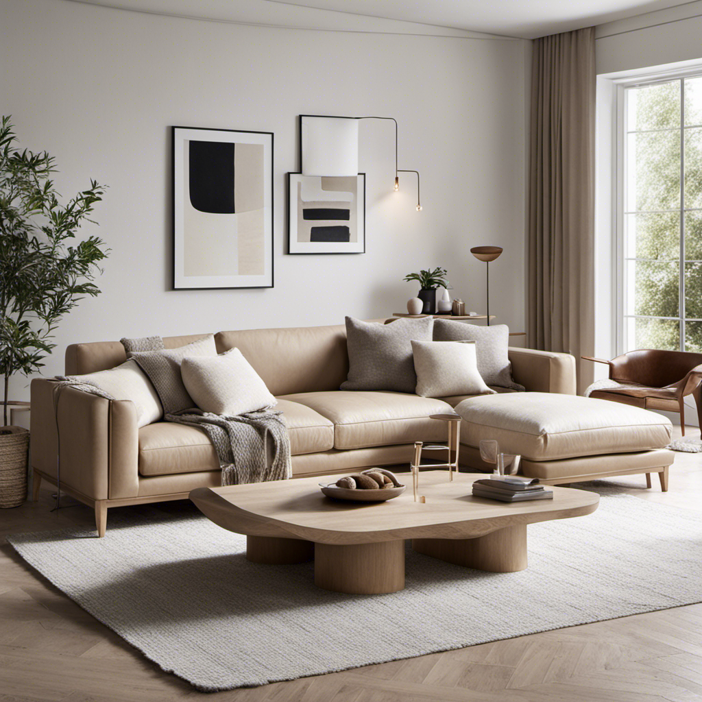 An image showcasing a minimalist living room in light neutral tones, featuring clean lines, natural materials like light wood and leather, with cozy textiles such as sheepskin throws and knitted pillows