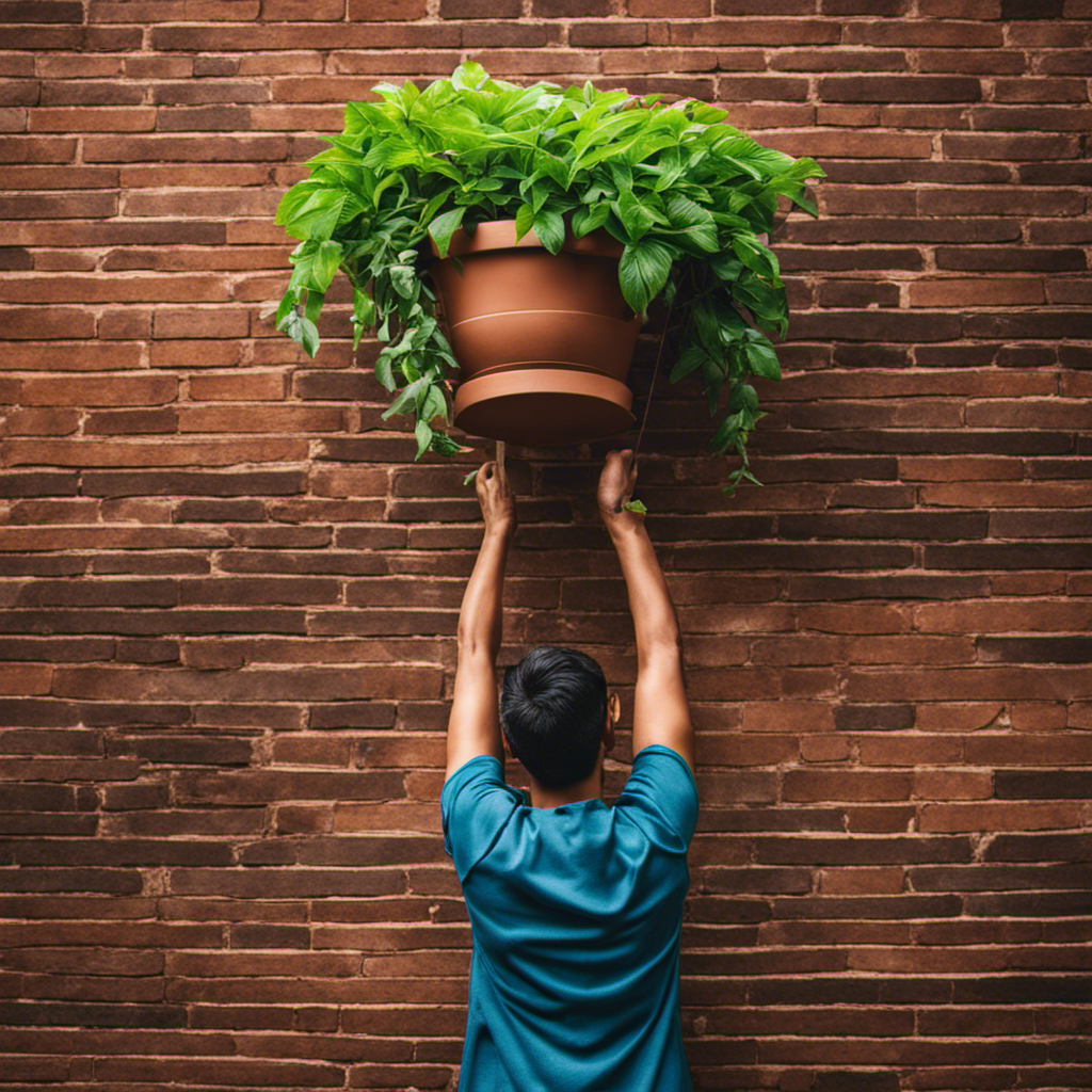 Nt image showcasing a person effortlessly hanging a lush potted plant on a brick wall outdoors