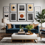 An image showcasing a well-lit living room with a symmetrical gallery wall filled with framed art pieces, evenly spaced and hung at eye level
