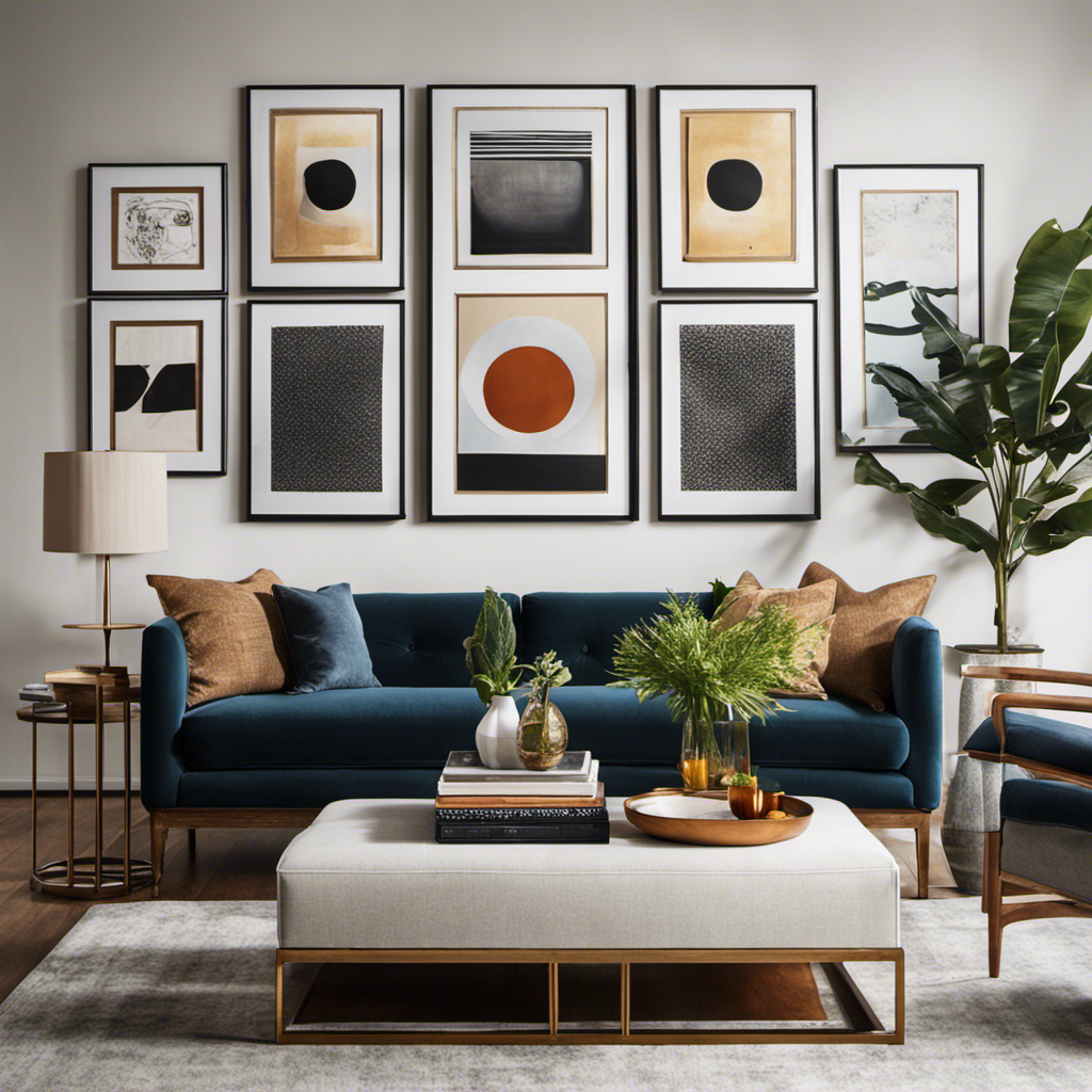 An image showcasing a well-lit living room with a symmetrical gallery wall filled with framed art pieces, evenly spaced and hung at eye level