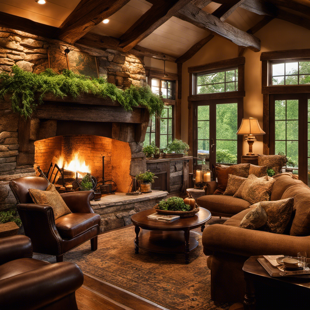 An image showcasing a cozy living room with an inviting fireplace, earth-toned furniture, warm lighting, exposed wooden beams, lush greenery, and vintage maps adorning the walls, evoking the enchanting and rustic home decor of Bag End