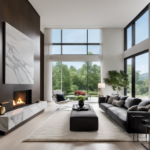 An image showcasing a sleek, minimalist living room adorned with a large, white marble fireplace