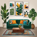 An image that showcases a beautifully decorated living room: vibrant, patterned throw pillows arranged neatly on a plush sofa, a sleek coffee table adorned with curated books, and an artful display of potted plants adding a touch of natural beauty