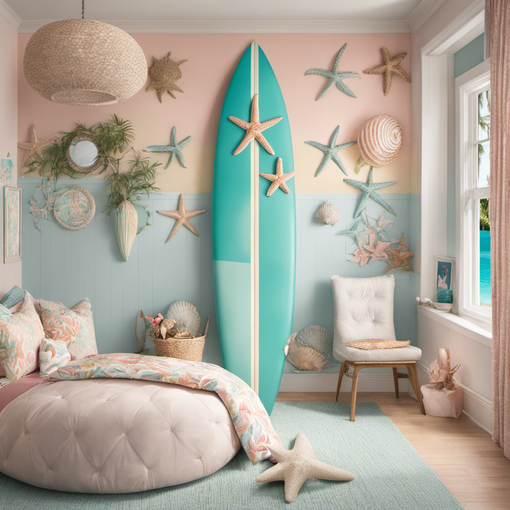 An image showcasing a vibrant surfboard decor, hand-painted with delicate pastel hues and adorned with whimsical seashell and starfish accents, perfectly suspended against a backdrop of ocean-inspired wallpaper in a girl's room
