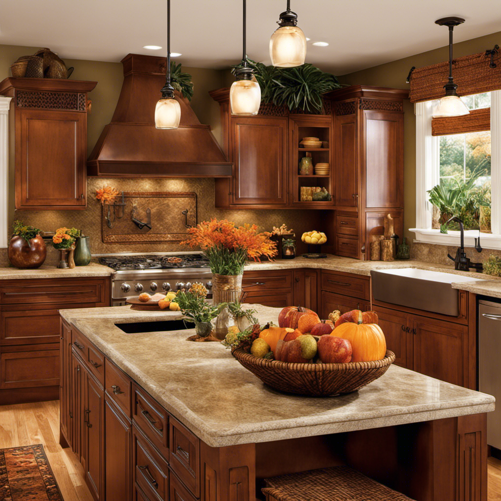 An image showcasing a vibrant kitchen adorned with autumnal accents, where lush tropical plants intertwine with cozy fall decor