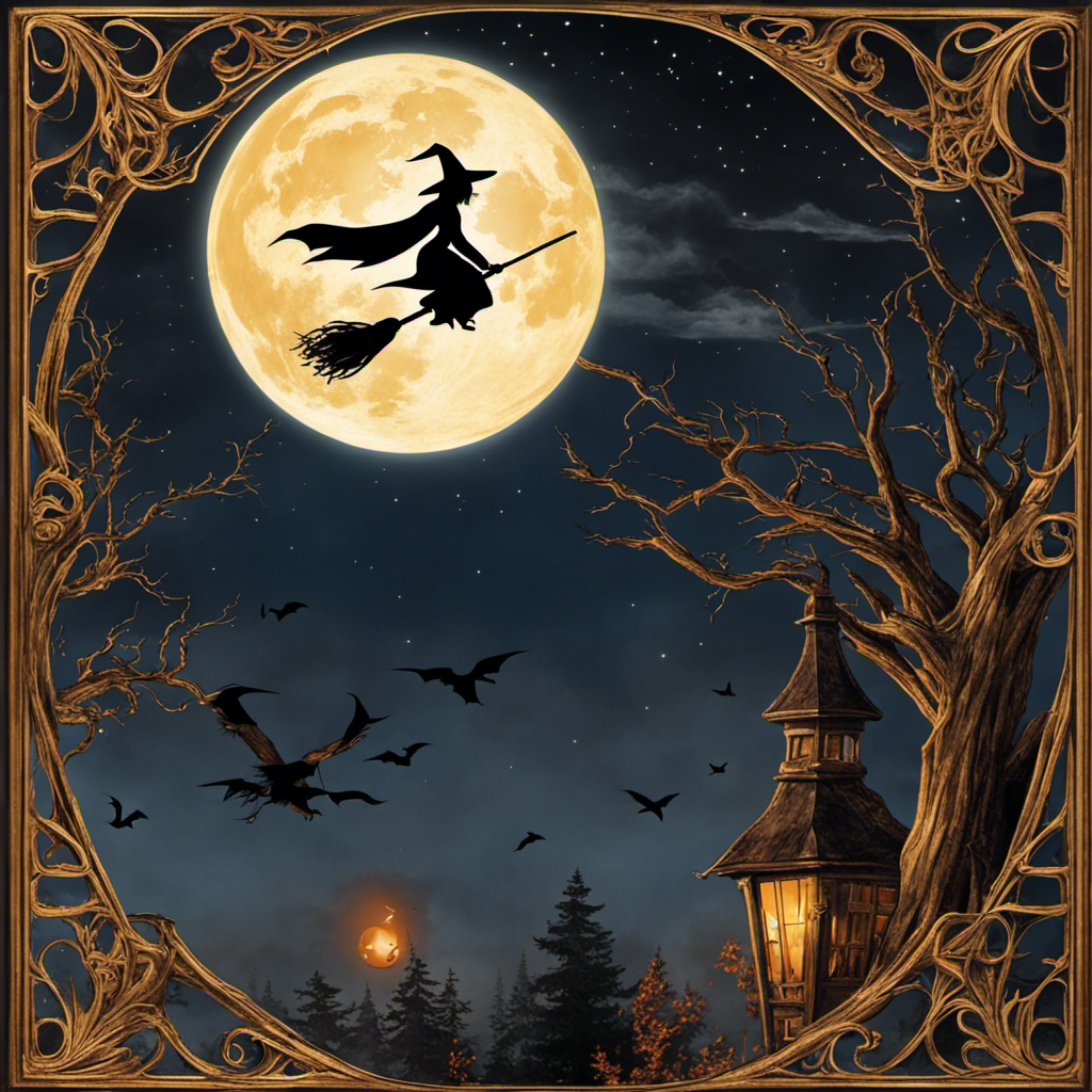 An image featuring a witch soaring through the night sky on a broomstick, gracefully approaching a wall adorned with eerie decor