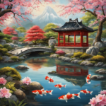 An image that showcases a serene Asian garden adorned with intricately designed stone lanterns, a gently flowing koi pond with colorful fish, and delicate cherry blossom trees providing a tranquil atmosphere