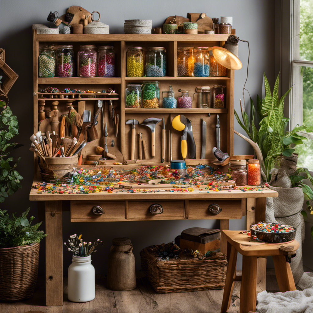 An image showcasing a well-lit workspace with a wooden workbench adorned with various tools, paintbrushes, and jars filled with colorful buttons, ribbons, and beads, inspiring readers to learn the art of home decor