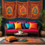 An image showcasing a vibrant Indian-inspired living room adorned with colorful printed bed sheets transformed into pillow covers, tapestries, and cushion covers, reflecting the rich cultural heritage of India