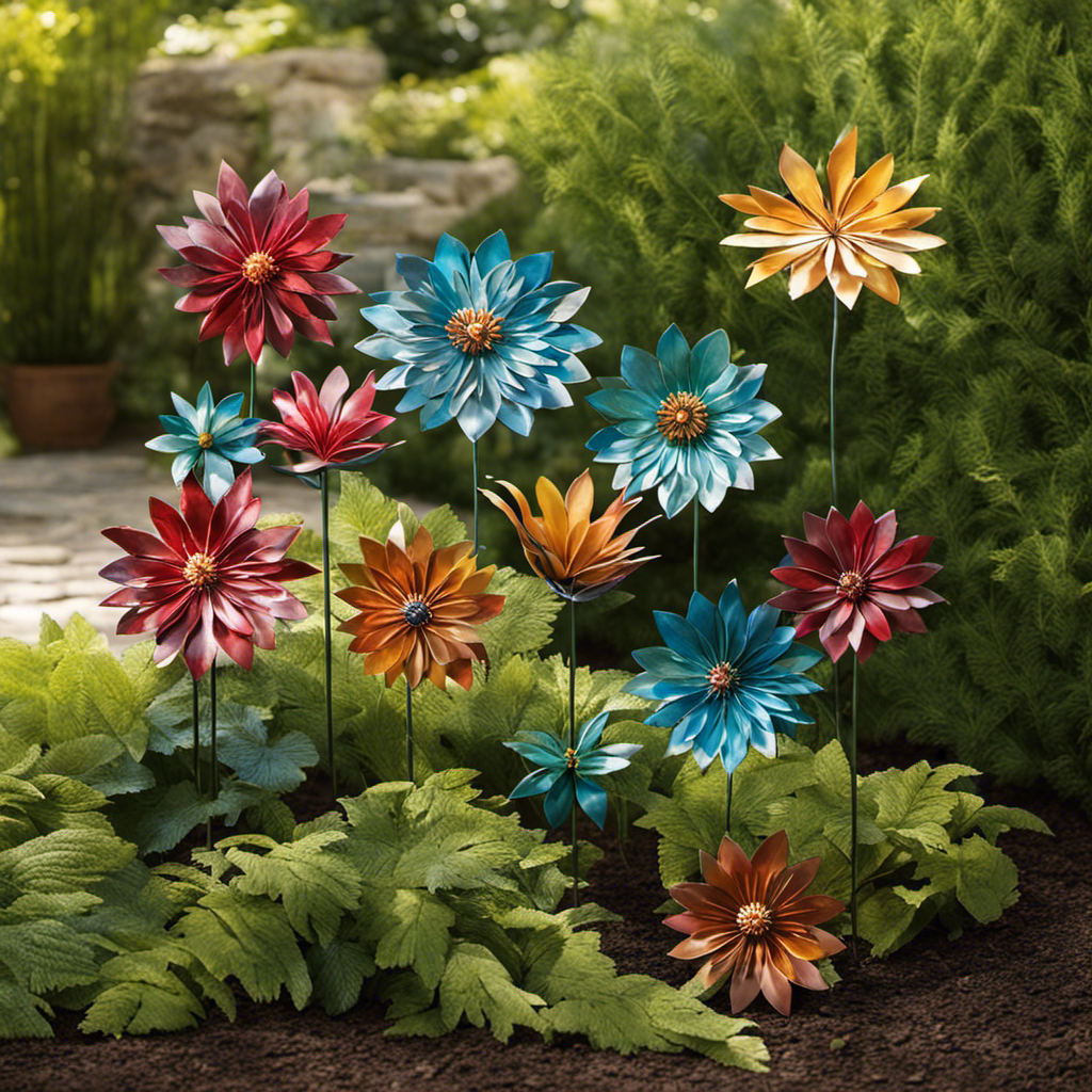 An image showcasing an enchanting outdoor garden adorned with vibrant, handcrafted metal flowers