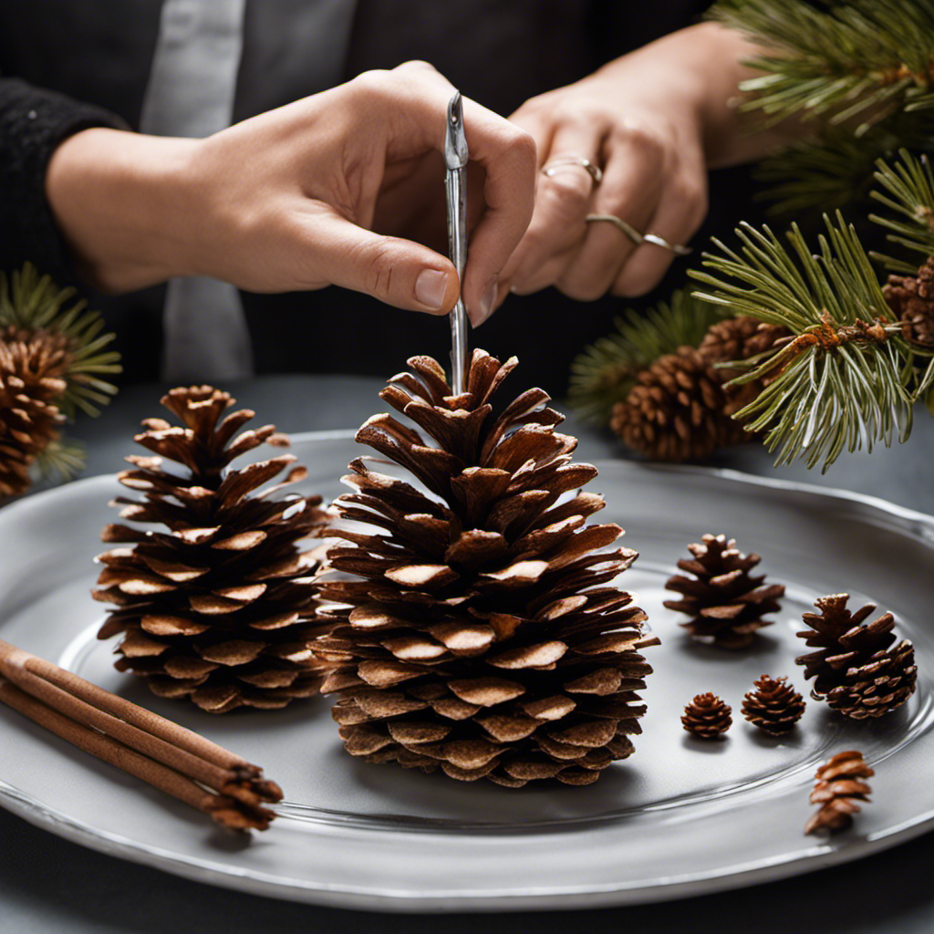 An image showcasing a pair of hands delicately dipping pinecones into a clear sealant, capturing the process of transforming them from nature's rough texture to smooth, glossy table top decor