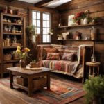 An image showcasing a cozy rustic living room adorned with handcrafted wooden furniture, a vintage braided rug, hand-stitched patchwork quilts, and shelves displaying aged mason jars filled with dried wildflowers