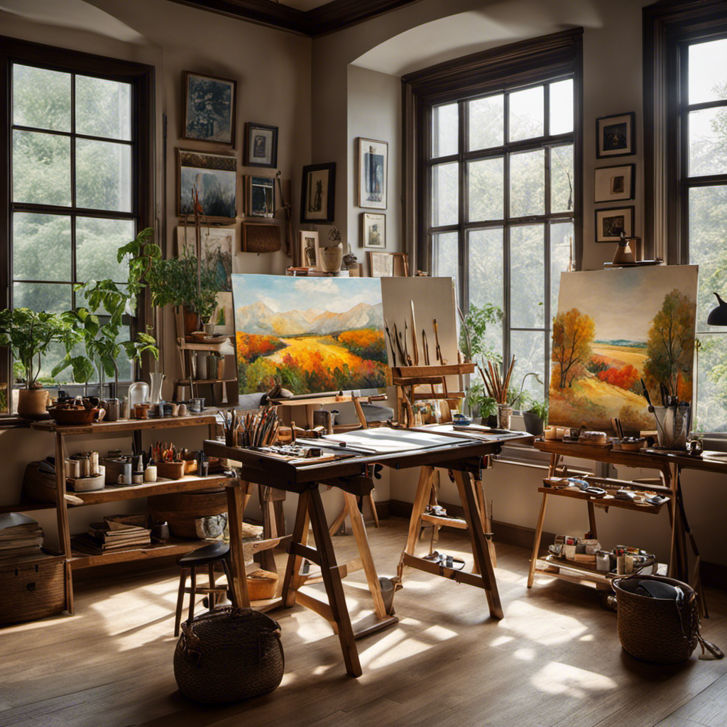 An image showcasing a well-lit, clutter-free artist's studio with large windows adorned with billowing white curtains, a large wooden easel holding a vibrant canvas, a neatly organized paint palette, and various brushes and tools neatly arranged on a sleek table