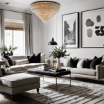 An image showcasing a minimalist living room with a vintage, hand-painted rug as the centerpiece