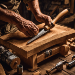 An image of a craftsman's hands skillfully sawing a piece of rustic wood, surrounded by various tools like a chisel, sandpaper, and a drill, as they craft an intricate wooden wall decor masterpiece