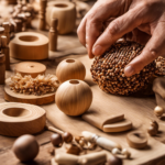 An image capturing the process of crafting wood decor beads: a pair of skilled hands carving and shaping a smooth wooden bead, surrounded by an array of woodworking tools, wood shavings, and unfinished beads waiting to be transformed