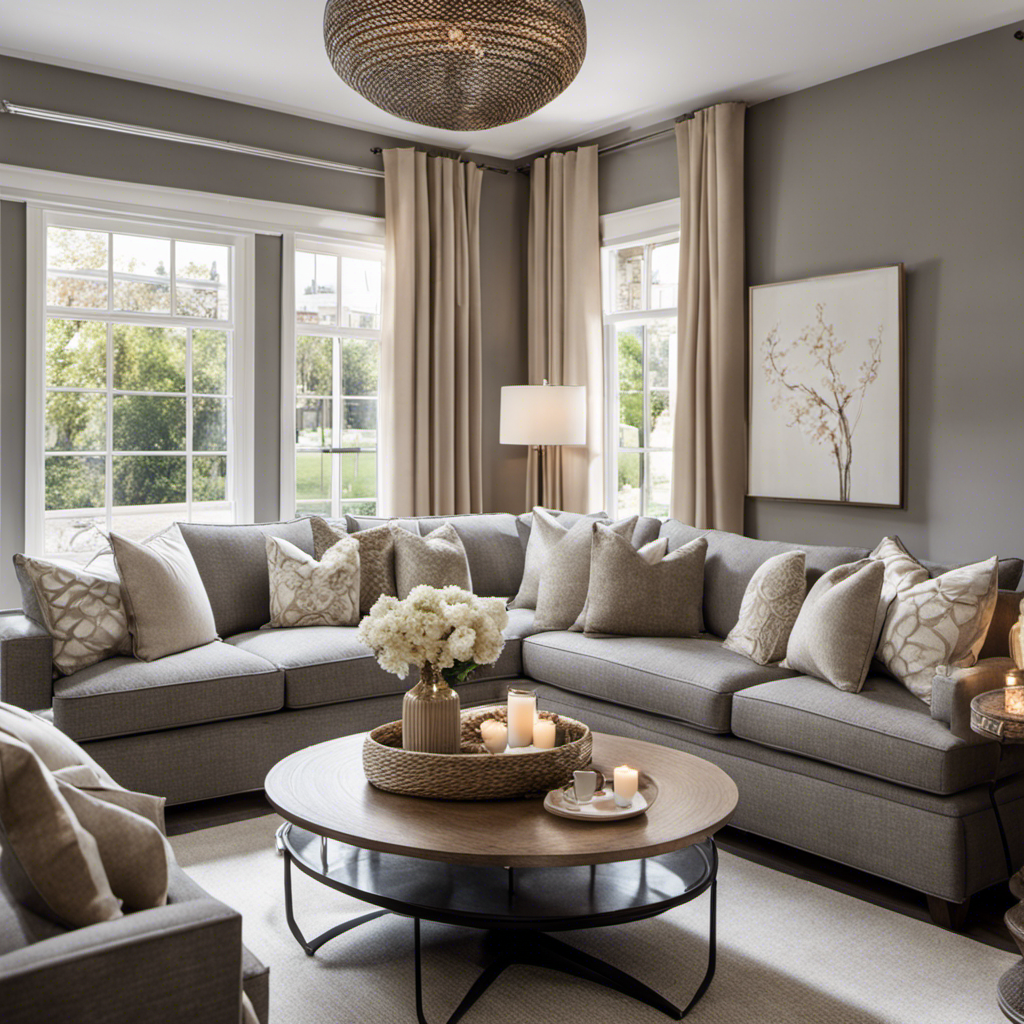 An image showcasing a cozy living room with a sophisticated blend of gray and beige home decor
