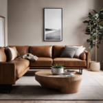 An image showcasing a minimalist living room with sleek furniture, clean lines, and neutral tones, harmoniously blended with a rugged wooden coffee table, vintage accents, and warm earthy colors