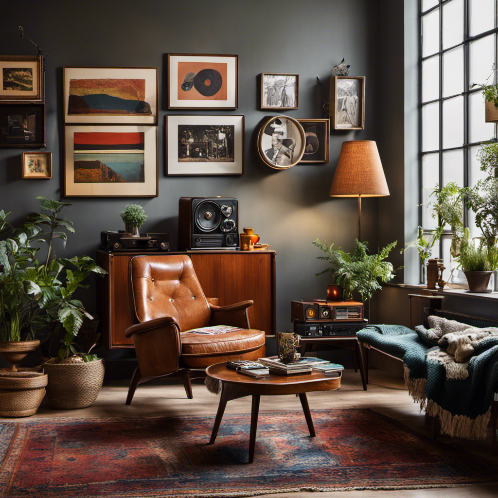 An image showcasing a cozy living room with a mix of vintage elements