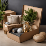 An image showcasing a neatly arranged moving box filled with delicate decorations such as framed artwork, ceramic vases, and decorative pillows