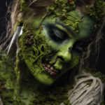 An image of a skilled artist delicately applying eerie, mossy green face paint on a crafty zombie