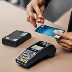 An image showcasing a person holding a Floor and Decor credit card, confidently swiping it at a payment terminal with a clear step-by-step guide visually depicted beside them, showcasing the process of how to pay the credit card bill
