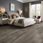An image showcasing a room with vinyl plank flooring in a sleek gray shade, adorned with a luxurious faux fur rug