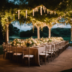 An image showcasing a serene outdoor wedding venue adorned with lush floral arches, delicate fairy lights twinkling overhead, elegant table arrangements with cascading greenery, and charming vintage lanterns casting a warm glow