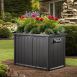 An image showcasing a well-maintained backyard with a durable, weather-resistant storage box perfectly organized with delicate garden sculptures secured inside