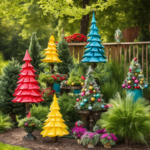 An image showcasing a vibrant garden adorned with upcycled artificial Christmas trees
