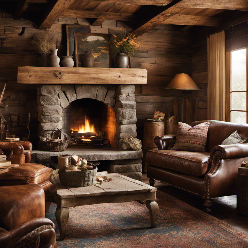 An image capturing the essence of rustic decor: A cozy living room adorned with weathered wooden furniture, vintage leather armchairs, a stone fireplace, and soft plaid throws, bathed in warm, natural light