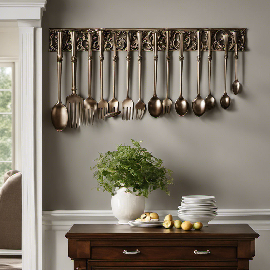 An image capturing the step-by-step process of hanging fork and spoon wall decor: a person measuring and marking the wall, drilling holes, attaching hooks, and finally, gently placing the ornate utensils onto the hooks