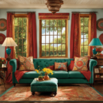 An image showcasing a serene living room with sunlit windows, adorned with meticulously crafted fabric wall hangings
