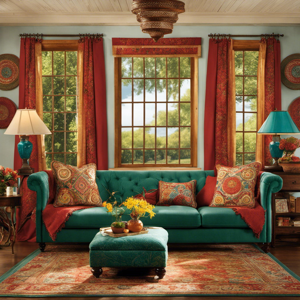 An image showcasing a serene living room with sunlit windows, adorned with meticulously crafted fabric wall hangings