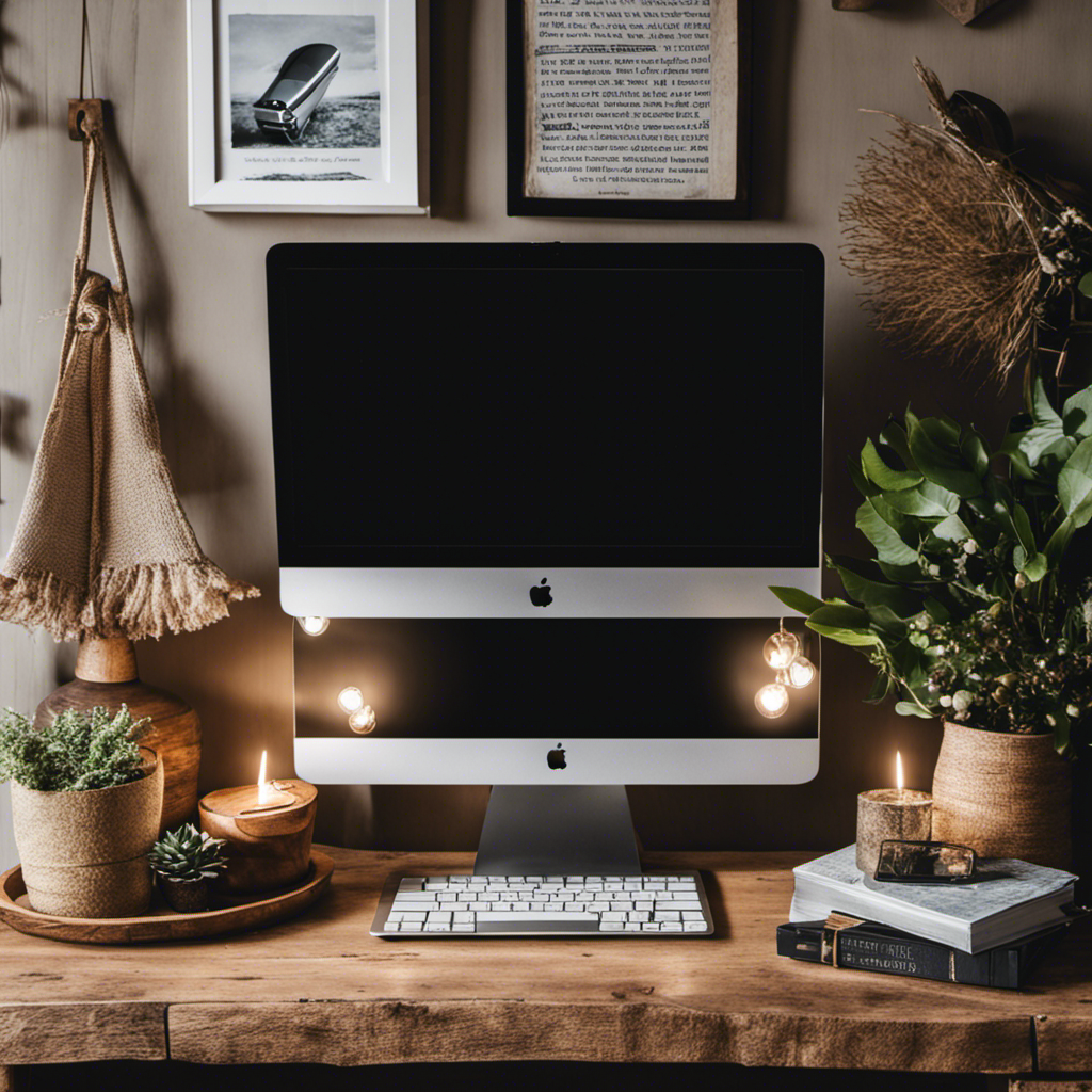 An image featuring a cozy corner of a stylishly decorated living room, with a laptop open on a rustic wooden table, showcasing a beautifully designed mood board, inspiring readers to start their own home decor blog