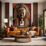 An image showcasing a vibrant living room adorned with an intricately carved African mask as the focal point