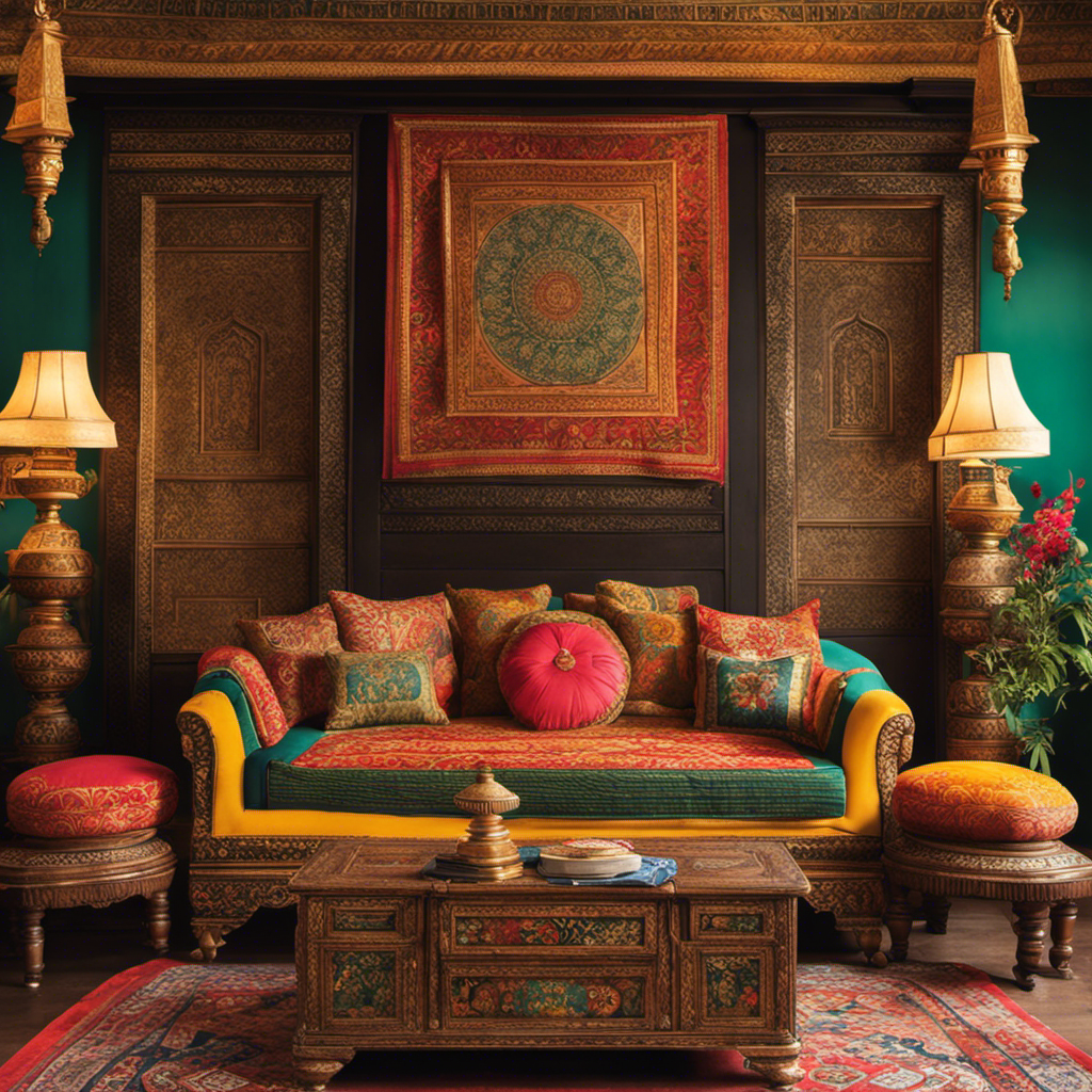 An image showcasing a vibrant living room adorned with intricate hand-painted murals, ornate wooden furniture with carved motifs, vividly patterned textiles, and brass accents, to inspire readers on embracing Indian decor