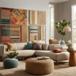 An image showcasing a mood board of vibrant color swatches, geometric patterns, and natural textures like rattan and jute, reflecting the latest trends in home decor