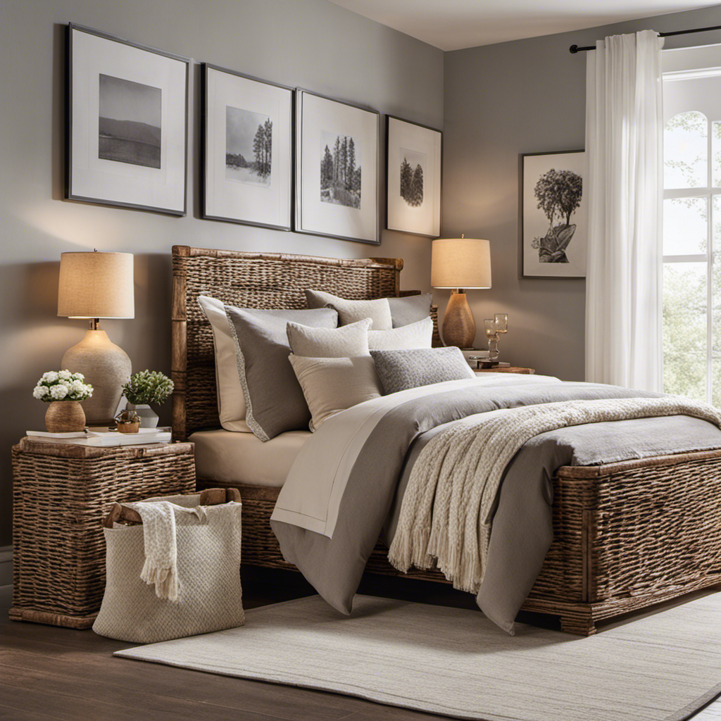 An image showcasing a cozy bedroom corner with a plush rug, adorned with neatly folded cloth storage baskets in various sizes
