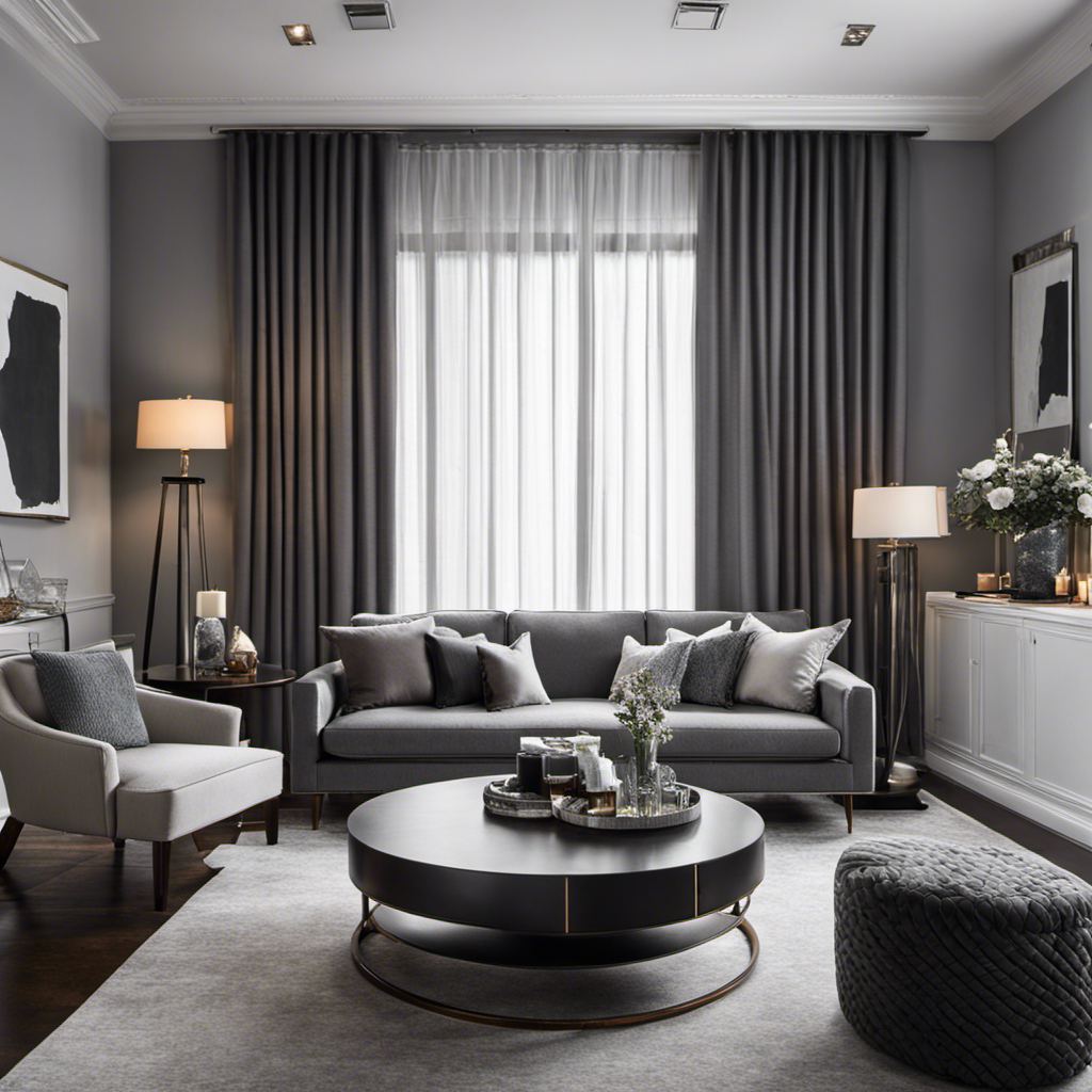 An image that showcases a modern living room adorned with various shades of gray