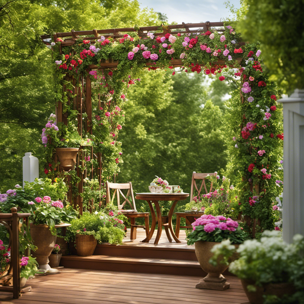 An image showcasing a beautifully adorned deck, featuring a lattice panel elegantly framing a flourishing vertical garden