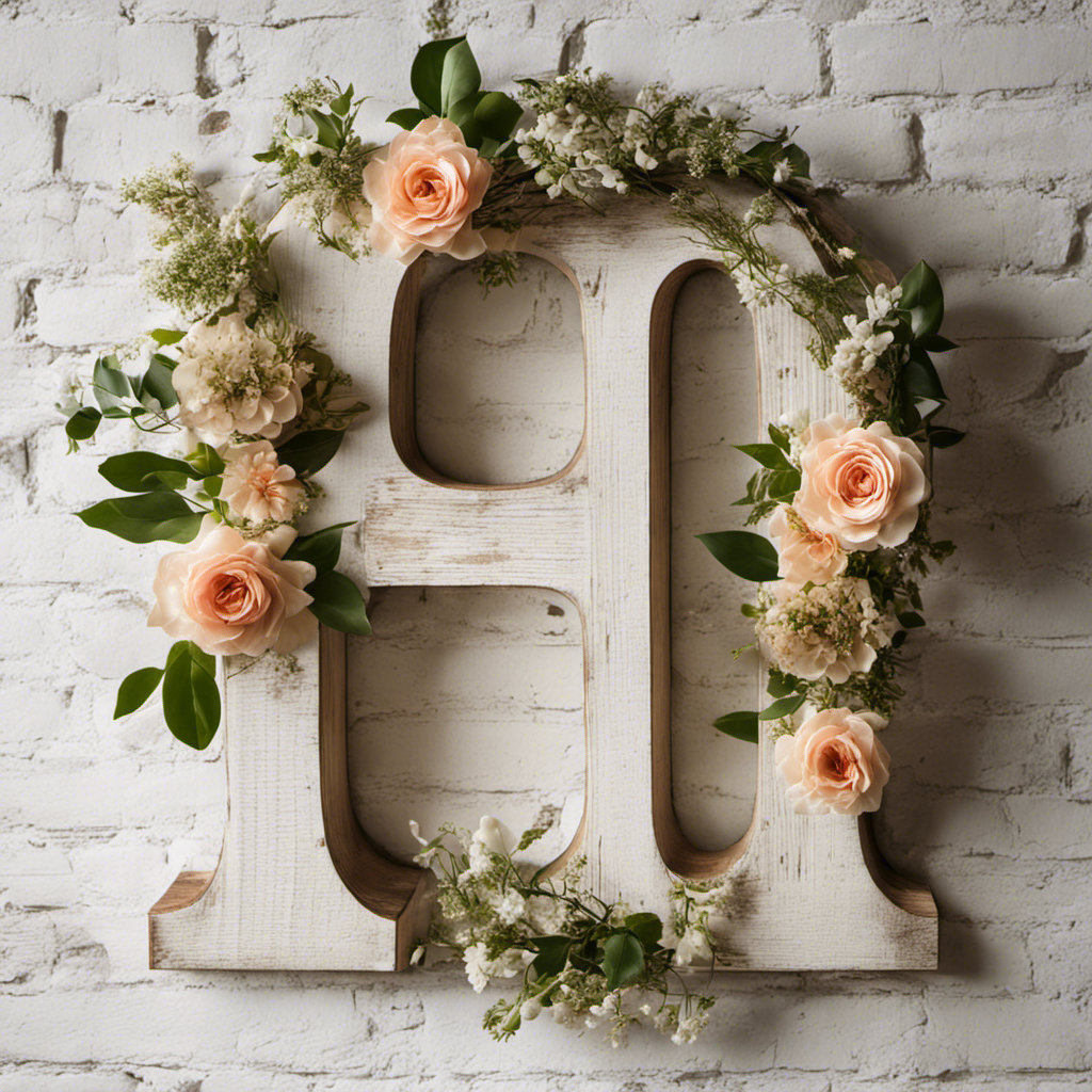An image showcasing a rustic wooden letter "H" hanging on a whitewashed brick wall, surrounded by a vintage floral wreath