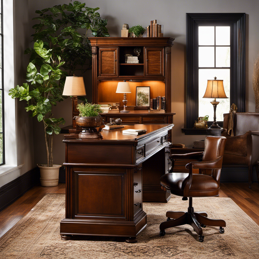 An image showcasing a beautifully restored antique roll top desk as the focal point of a cozy home office