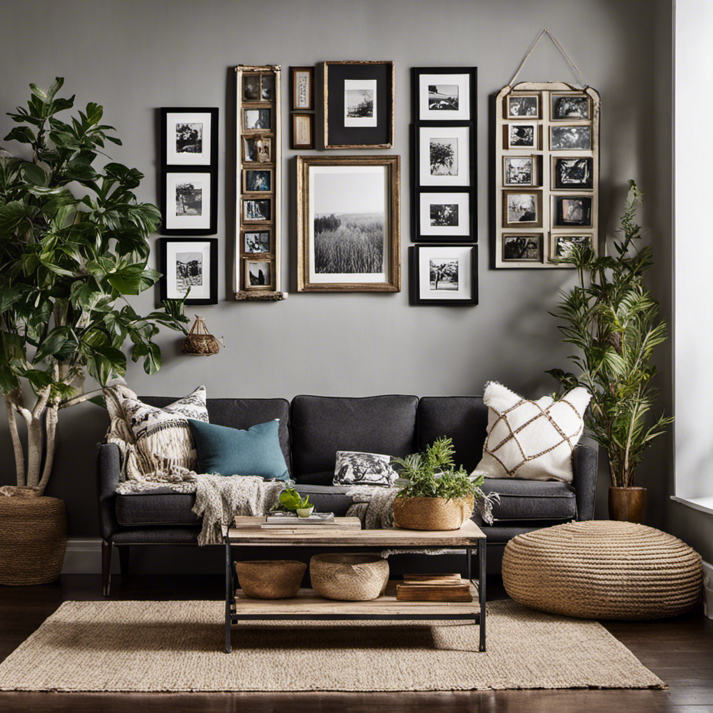 An image that captures the essence of casual wall decor: a cozy living room with an eclectic mix of vintage frames displaying black-and-white family photographs, interspersed with handmade macramé wall hangings and vibrant botanical prints