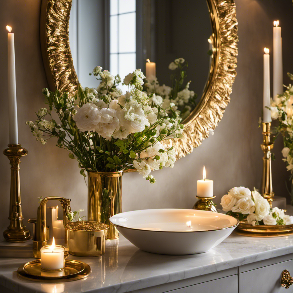An image showcasing a serene bathroom ambiance with a stemed dish used as decor