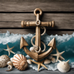 An image capturing the essence of It Is What It Is Nautical Wall Decor: a weathered wooden anchor adorned with seashells and starfish, gently swaying against a backdrop of softly crashing ocean waves